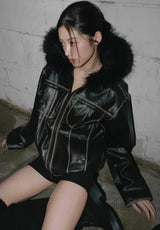 レザー ミックス ファー トリムド ジップアップ ジャケット