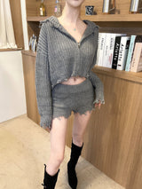 1418. Knit damage hood zip-up (3color)