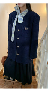 Renee Navy No Collar Round Half Coat