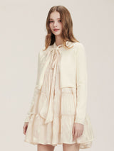 Peach puff ribbon neck shirt button dress