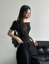 ドレープ シャーリング アンバランス オフショルダー Tシャツ