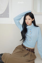Sky blue high-neck button long-sleeved knitwear