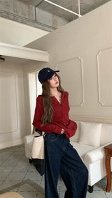 Round button waffle long-sleeved t-shirt