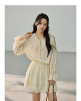 [SET] Eyelet Bell Sleeve Blouse & Mini Skirt Set