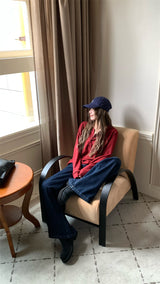 Round button waffle long-sleeved t-shirt