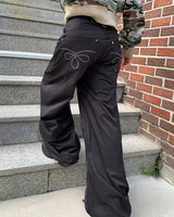 Bipu Embroidery Buckle Balloon-Fit Wide Cotton Long Pants