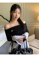 シューズレイヤードシャツオフショルダーロングスリーブTシャツ