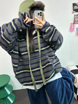 ストライプフリースワンサイドストリングアノラックニットスウェット 💙🩶🧡3COLOR