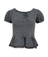 グリッドドットリボンフリルTシャツ