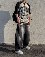 Sand Washing Wide Balloon Denim Pants