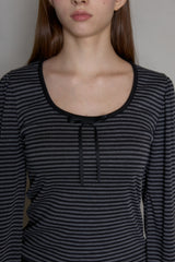 STRIPE RIBBON SHIRRING T-SHIRT