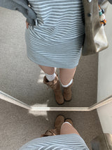 Light Hour Striped Sleeveless Dress & Silver Button Cardigan 2-piece Set (Gray)