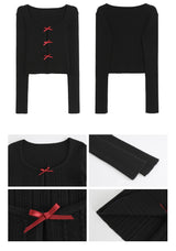Lace Inner Layered Red Bow Long Sleeve Tee (Lace Inner Set)