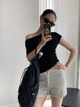 Design Open Shoulder Slim スパンデックス半袖Tシャツ