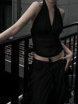halterneck mesh shirring top