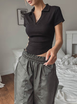 Rie rounding collar short-sleeved T-shirt