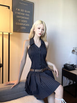 1280. Stripe halter low belt pleats mini ops