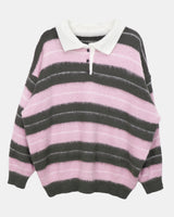 カラーブロックストライプカラーボタンロングスリーブニット
