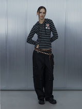 BADGE STRIPE HOODED CARDIGAN / CHARCOAL