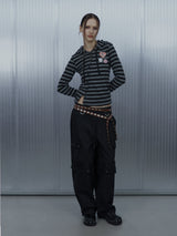 BADGE STRIPE HOODED CARDIGAN / CHARCOAL