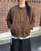 Shait Suede No Collar Snap Button Zipper Pocket Blouson Jacket