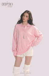 ピンクストライプルーズカラーTシャツ