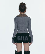FUR COLLAR GRAPHIC KNIT ZIP-UP_GREY