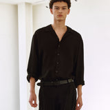 Loose Fit Open Collar Linen Shirt [Black]