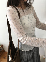 Zaina Tencel U-Neck See-through Flower Layered Long Sleeve Tee