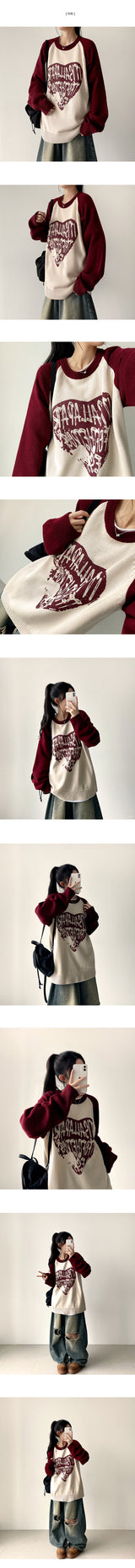 Duka heart color matching Nagrang boxy fit round knit