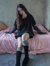 チェックボタンニーソックス / black