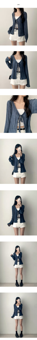 Eon Puff Sleeve V-Neck Ribbon Cardigan
