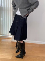 Dark blue raw cotton flared pleats midi skirt