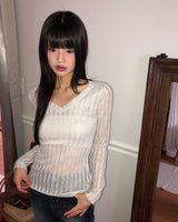 Tohe cubic ribbed bone V-neck See-Through Long-Sleeved T-shirt