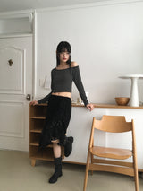 Seble one-ショルダーアンバランスストラップストライプロングスリーブTシャツ