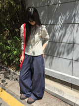 Maroon Side Button Wide Denim Pants