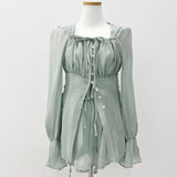 Ribbon puff strap blouse skirt pants setup SET (3 colors)