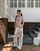 See-through layered button cap sleeve short sleeve