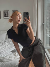 Rie rounding collar short-sleeved T-shirt