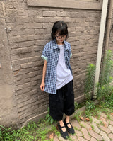[unisex] Blanc Loose Fit Sleeve Color Matching Button Roll-Up Short Sleeve T-shirt