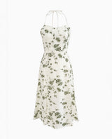 OLIVE PETAL TIE HALTER SLIT DRESS