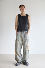 DOUBLE-KNEE CRACK-WASHED DENIM PANTS