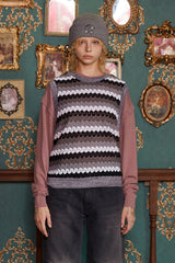 STRIPE CROCHET KNIT VEST / GREY