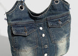 denim pocket chain cross shoulder bag
