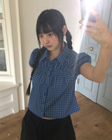 Leahue Checkered Shirring Banding Puff Short-Sleeved Blouse