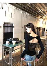 Backless lace point black long-sleeved shirt