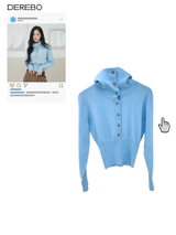 Sky blue high-neck button long-sleeved knitwear