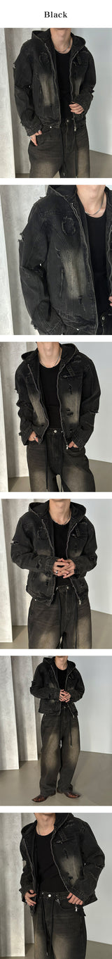 [Unisex] Destroyed denim hood jacket(2color)