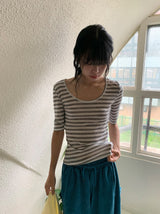 Yoka Stripe U-neck Layered Three Quarter Tee