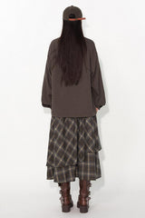 Asymmetrical drawstring patchwork plaid versatile and playful midi skirt